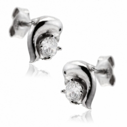 Boucles d'oreilles en argent rhodié, dauphin et oxyde de zirconium