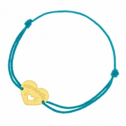 Bracelet cordon turquoise en or jaune, coeur ajouré