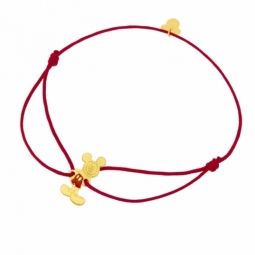 Bracelet cordon rouge en or jaune et laque, Mickey Disney 