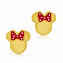 Boucles d'oreilles en or jaune et laque rouge et noeud à pois blanc , Minnie Disney 