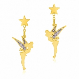Boucles d'oreilles pendantes en or jaune et laque pailletée, Fée Clochette Disney 