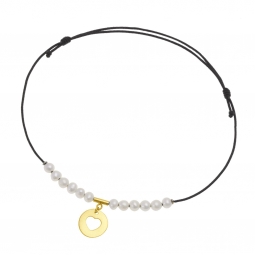 Bracelet cordon noir en or jaune, perles de culture