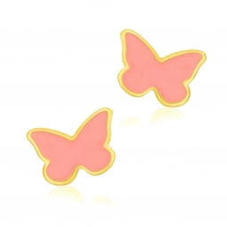 Boucles d'oreilles en or jaune et laque corail, papillon