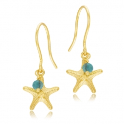 Boucles d'oreilles or jaune, turquoise, étoile de mer