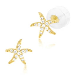 Boucles d'oreilles en or jaune et oxydes de zirconium, étoile de mer