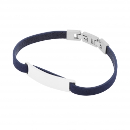 Bracelet cuir bleu en acier, plaque rectangle 9 mm