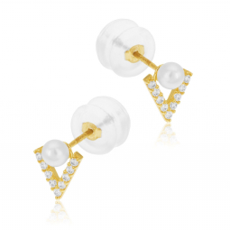 Boucles d'oreilles en or jaune, oxydes de zirconium et perle de culture