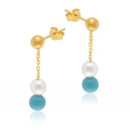 Boucles d'oreilles en or jaune, perle de culture et turquoise reconstituée