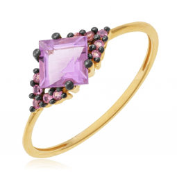 Bague en or jaune, rhodié et améthystes