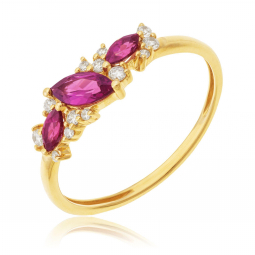 Bague en or jaune, rhodolites et oxydes de zirconium