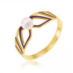 Bague en or jaune, perle de culture et laque 