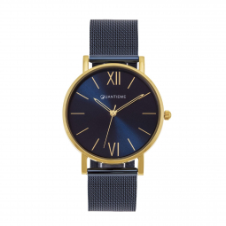 Montre femme, boîte acier doré, bracelet acier bleu et verre minéral