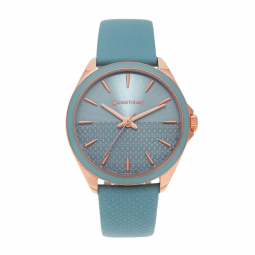 Montre femme, boite acier doré rose, bracelet cuir bleu et verre minéral