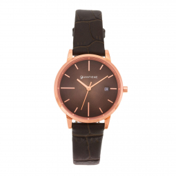 Montre femme, boite en acier doré rose, bracelet en cuir, verre minéral