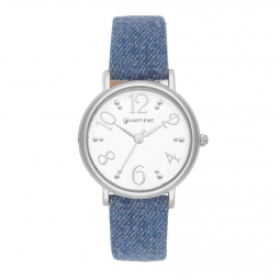 Montre femme, boite en acier, bracelet en cuir et denim, verre minéral